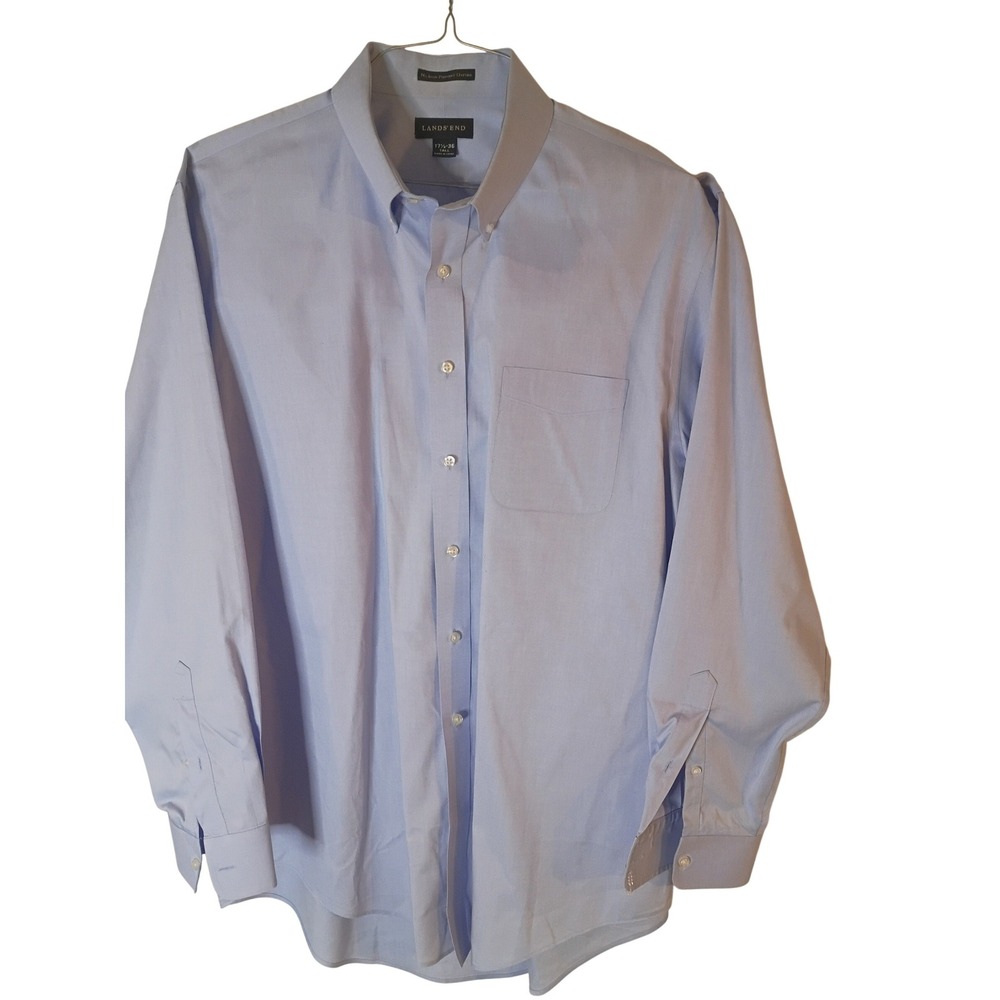 Lands End Mens No Iron Pinpoint Oxford Dress Shirt Blue 17.5 36 Tall Button Down